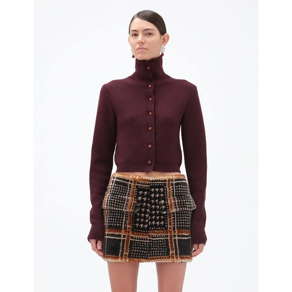 REMAIN Womens Cropped Button Knit Burgundy Preppy Minimalist Cardigan Sweater - Picture 2 of 8